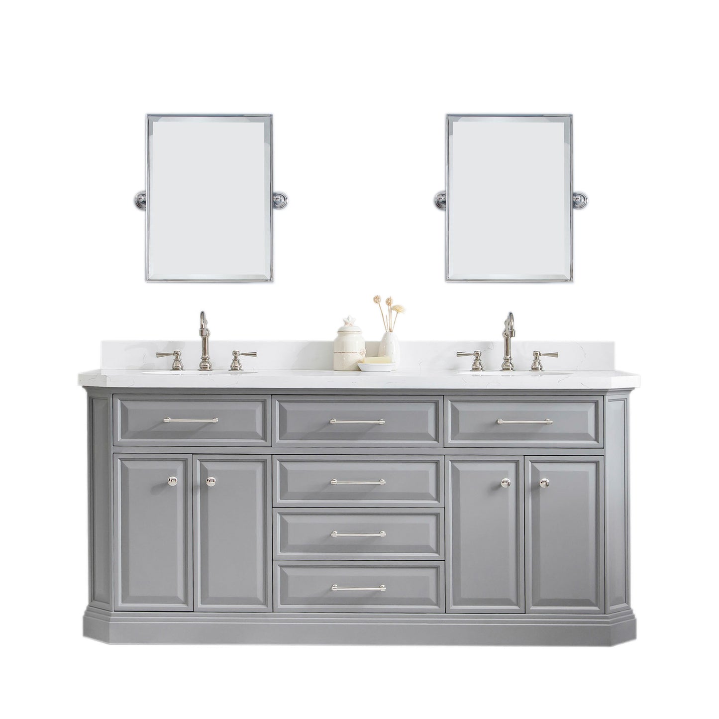 PALACE 72"W x 34"H Cashmere Gray Vanity with Carrara Quartz Countertop + Faucets & Mirror (F2-0012), Polished Nickel Finish Hardware & Mirror