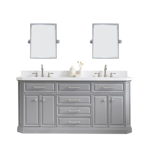 PALACE 72W x 34H Cashmere Gray Vanity with Carrara Quartz Countertop + Faucets & Mirror (F2-0012), Polished Nickel Finish Hardware & Mirror