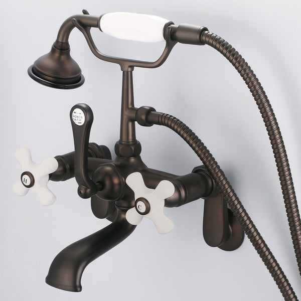 Vintage Classic Adjustable Center Wall Mount Tub Faucet With Swivel Wall Connector & Handheld Shower in Oil Rubbed Bronze Finish, With Porcelain Cross Handles, Hot And Cold Labels Included