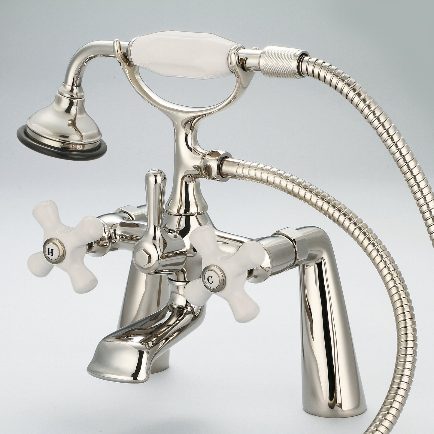 Vintage Classic 7" Spread Deck Mount Tub Faucet With Handheld Shower in Polished Nickel Finish, With Porcelain Cross Handles, Hot And Cold Labels Included