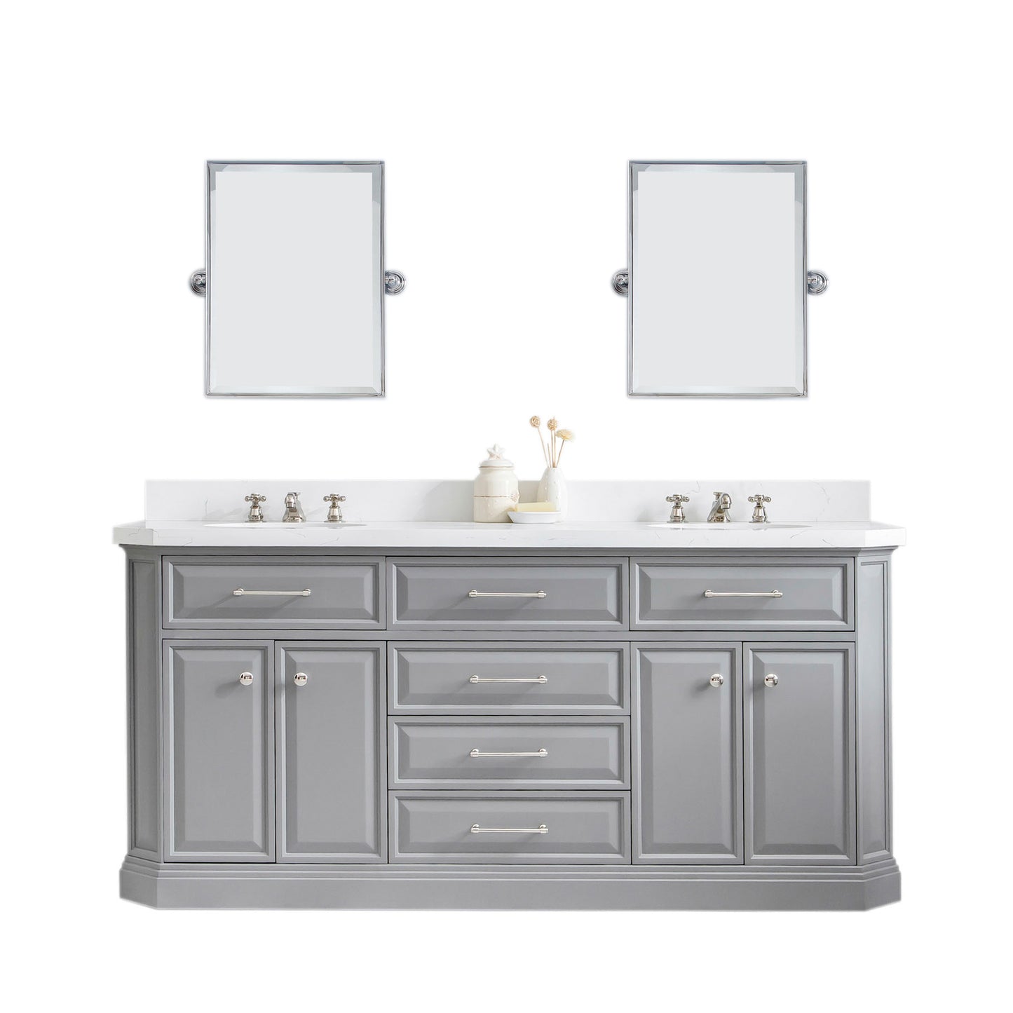 PALACE 72"W x 34"H Cashmere Gray Vanity with Carrara Quartz Countertop + Faucets & Mirror (F2-0009), Polished Nickel Finish Hardware & Mirror