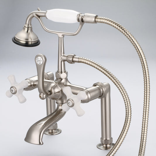 Vintage Classic 7" Spread Deck Mount Tub Faucet With 6" Risers & Handheld Shower in Brushed Nickel Finish, With Porcelain Cross Handles, Hot And Cold Labels Included