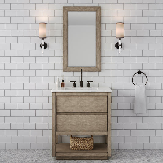 OAKMAN 30"W x 34.3"H Gray Oak Single-Sink Vanity with Carrara White Marble Countertop + ORB Faucet and Rectangular Mirror