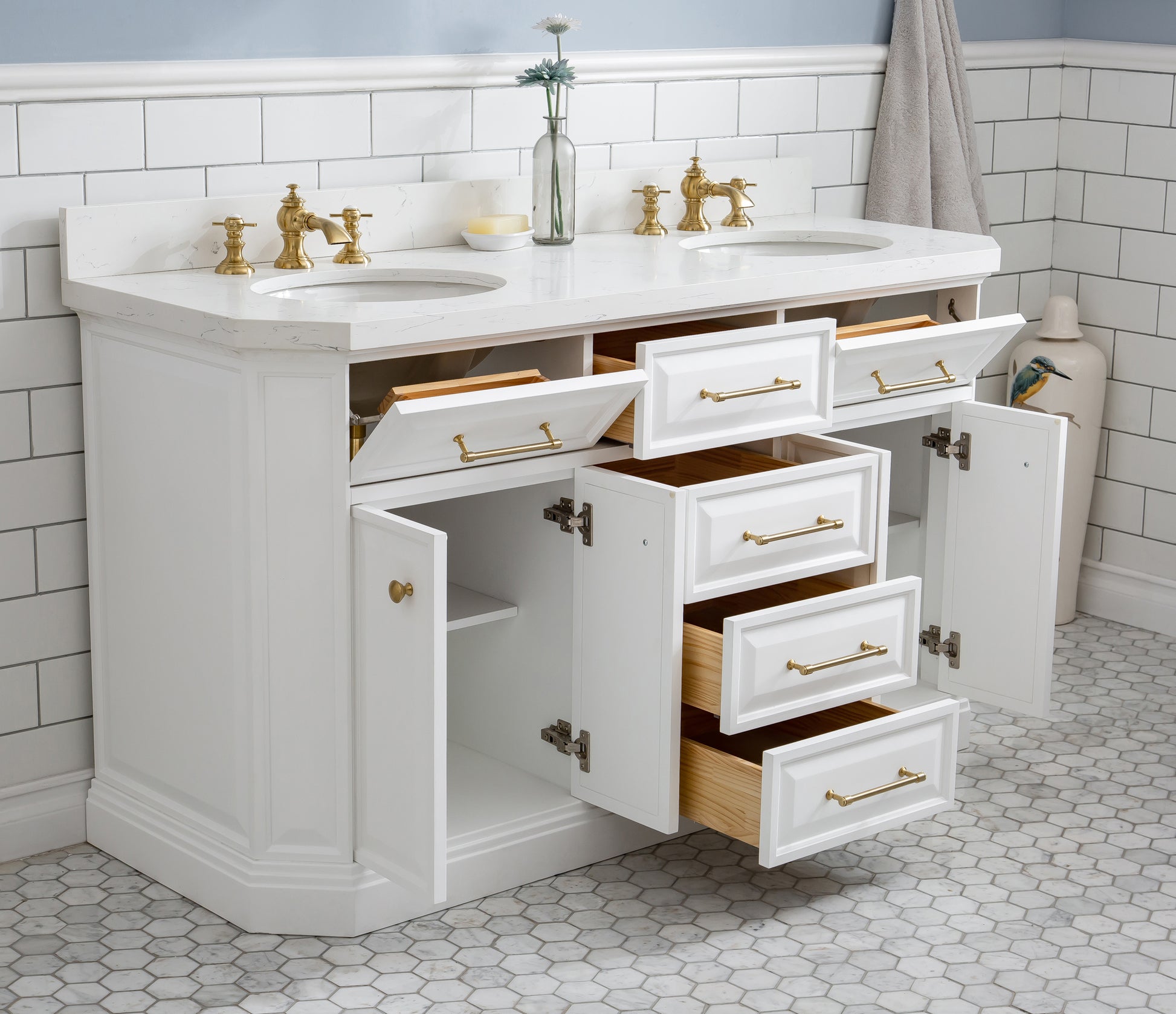 PALACE 60"W x 34"H Pure White Vanity with Carrara Quartz Countertop + Faucets & Mirrors (F2-0013), Satin Gold Finish Hardware & Chrome Finish Mirror (A)