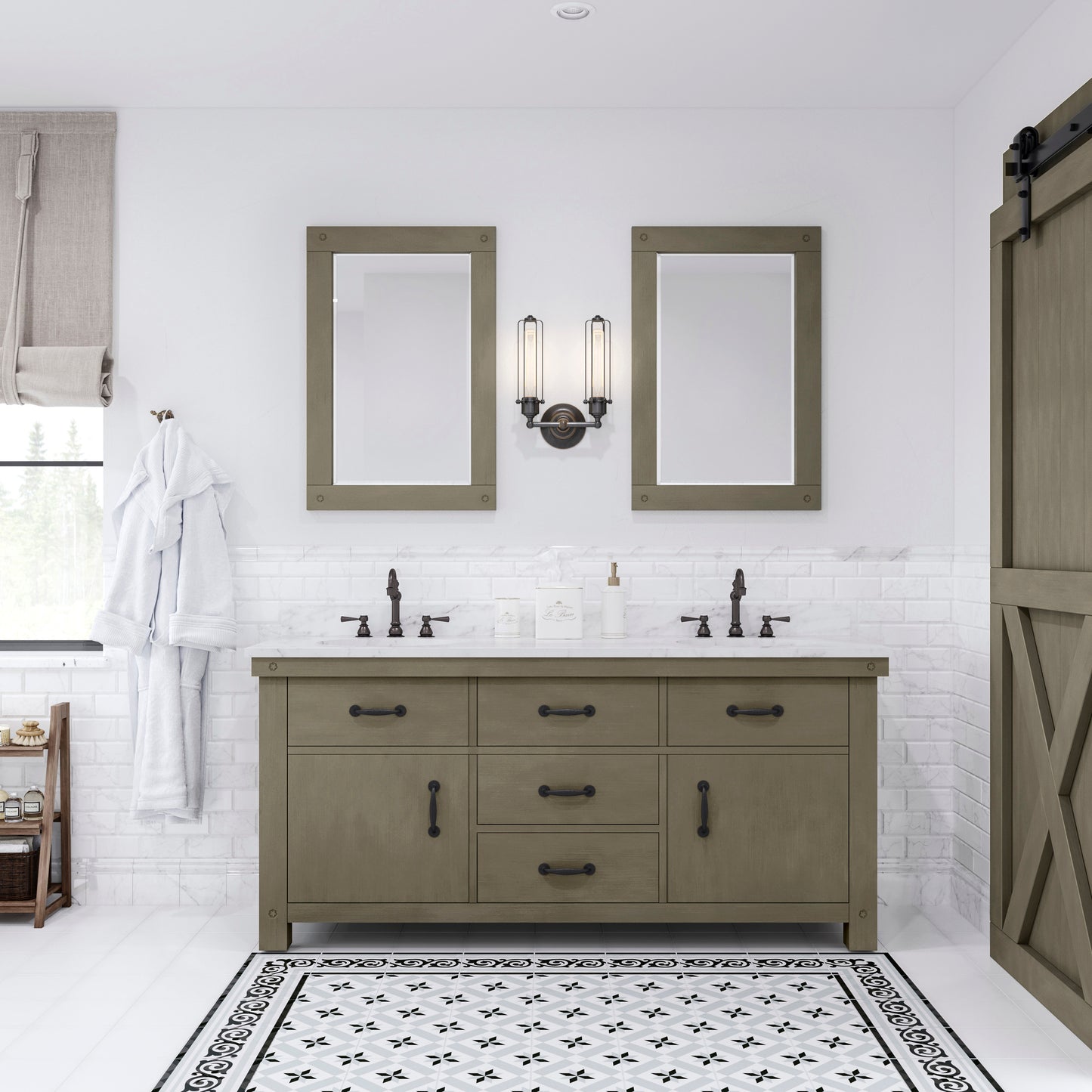 ABERDEEN 72"W x 34"H Grizzle Gray Double-Sink Vanity with Carrara White Marble Countertop + Mirrors