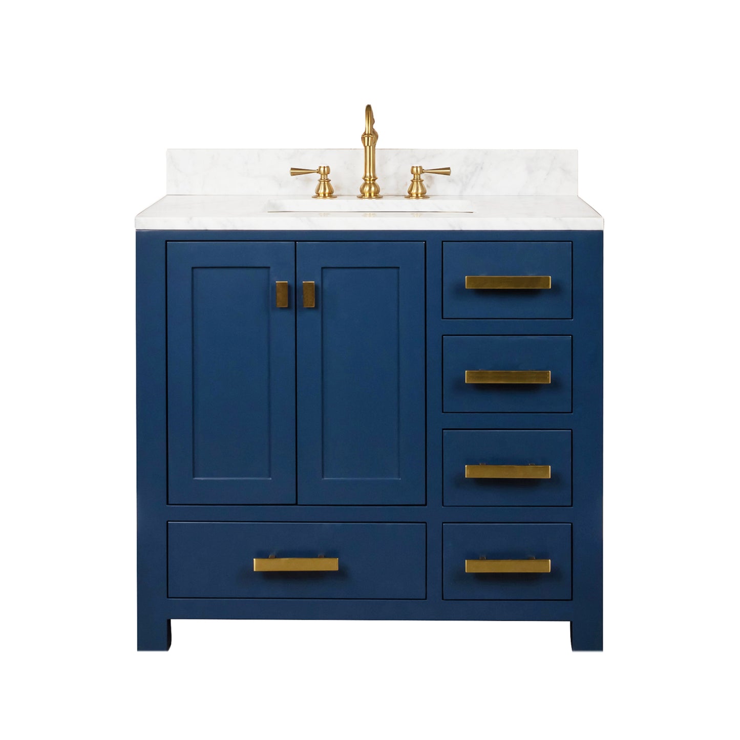 MADISON 36"W x 34"H Monarch Blue Single-Sink Vanity with Carrara White Marble Countertop + Faucets (F2-0012-06-TL)