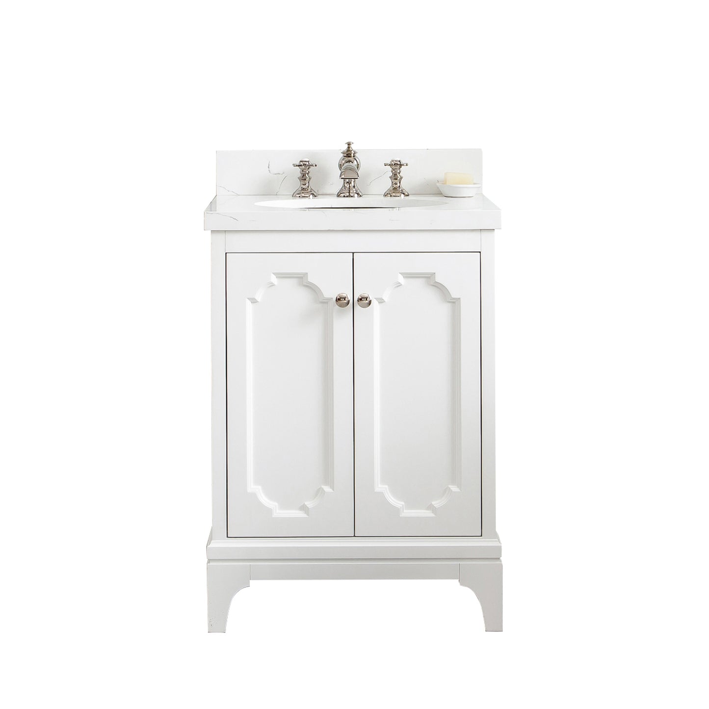 QUEEN 24"W x 34"H Pure White Single-Sink Vanity with Carrara Quartz Countertop + Faucets (F2-0013)