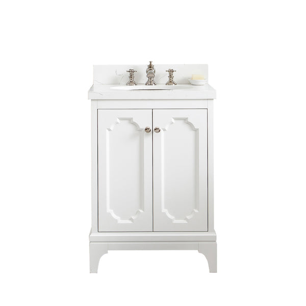 QUEEN 24W x 34H Pure White Single-Sink Vanity with Carrara Quartz Countertop + Faucets (F2-0013)