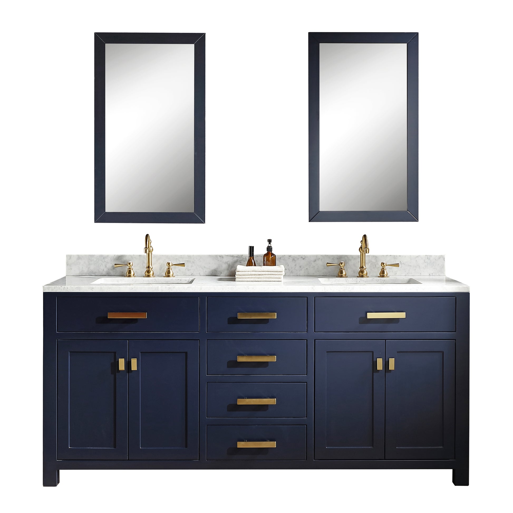 MADISON 72"W x 34"H Monarch Blue Double-Sink Vanity with Carrara White Marble Countertop + Faucets & Mirror (F2-0012-06-TL)