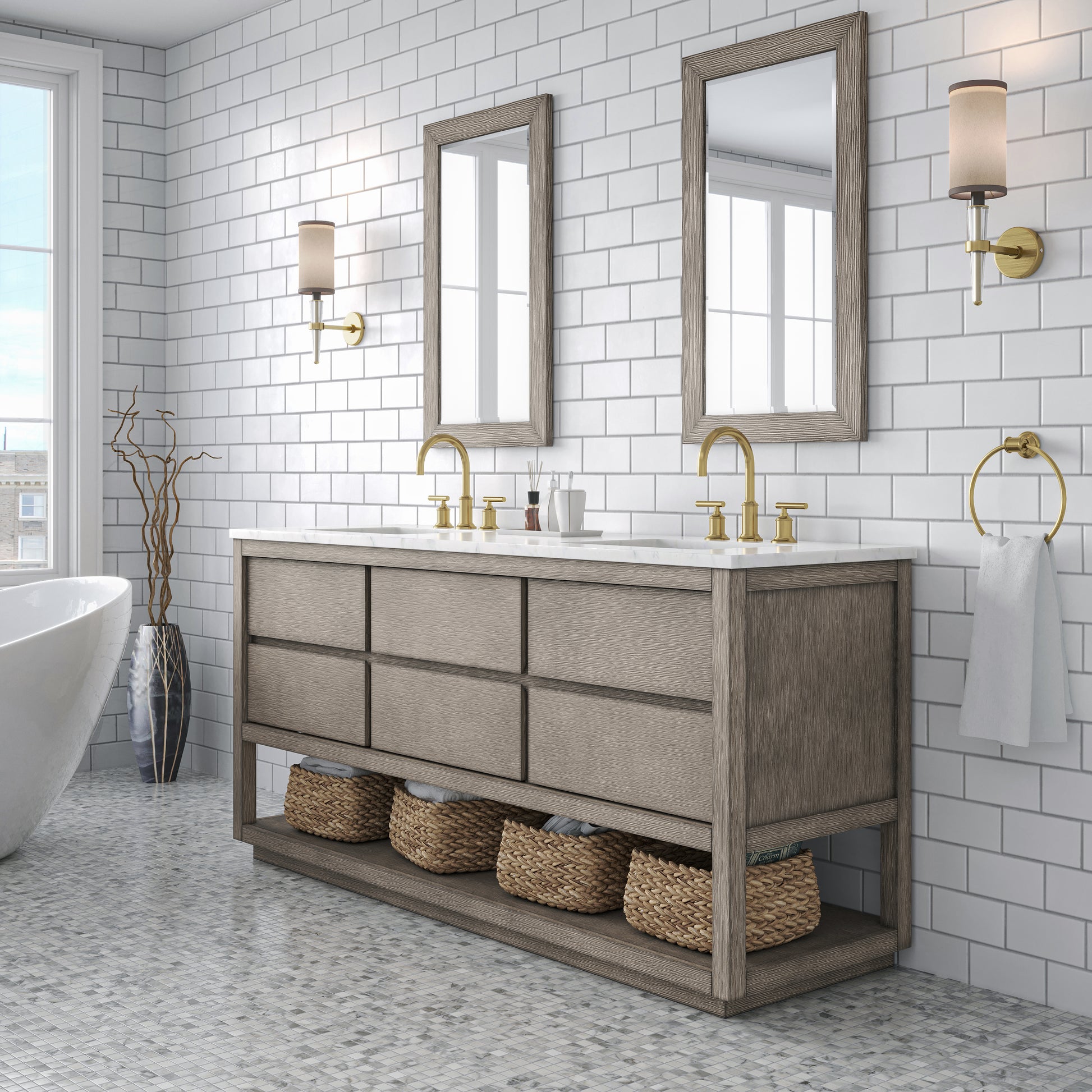 OAKMAN 72"W x 34.3"H Gray Oak Double-Sink Vanity with Carrara White Marble Countertop + Gold Faucets