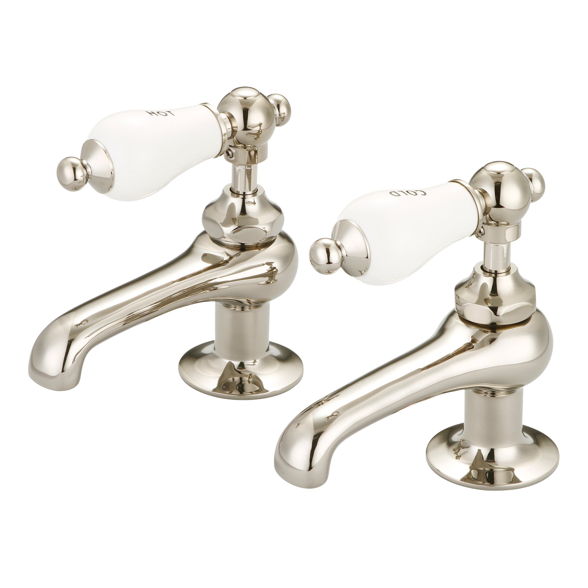 Vintage Classic Basin Cocks Bathroom Faucets in Polished Nickel Finish, With Porcelain Lever Handles, Hot And Cold Labels Included