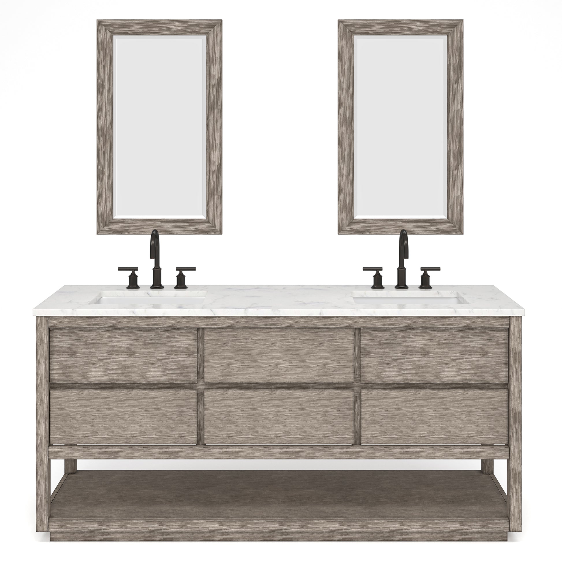 OAKMAN 72"W x 34.3"H Gray Oak Double-Sink Vanity with Carrara White Marble Countertop + ORB Faucets and Rectangular Mirrors