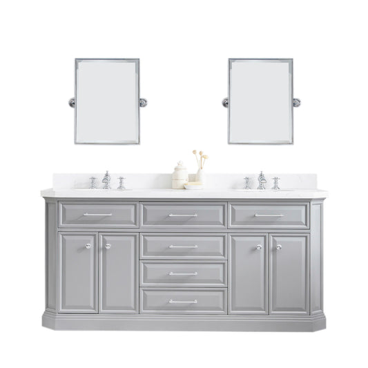 PALACE 72"W x 34"H Cashmere Gray Vanity with Carrara Quartz Countertop + Faucets & Mirror (F2-0013), Chrome Finish Hardware & Mirror