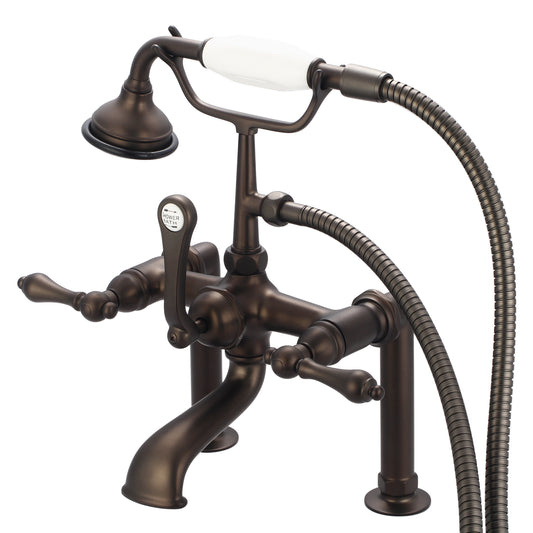 Vintage Classic 7" Spread Deck Mount Tub Faucet With 6" Risers & Handheld Shower in Oil Rubbed Bronze Finish, With Metal Lever Handles Without Labels