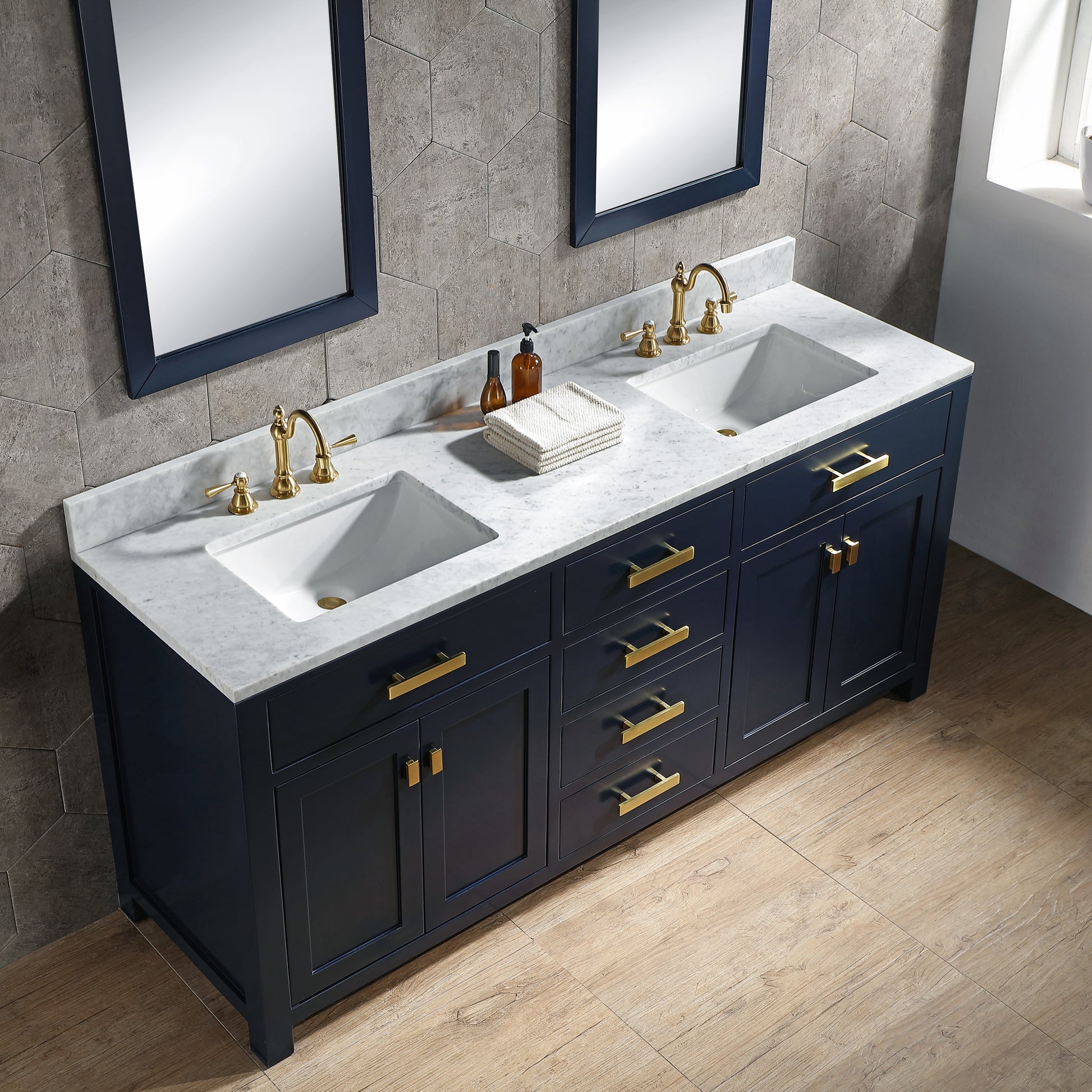 MADISON 72"W x 34"H Monarch Blue Double-Sink Vanity with Carrara White Marble Countertop + Faucets (F2-0012-06-TL)