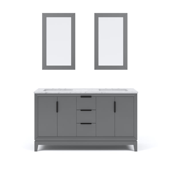 ELIZABETH 60W x 34.25H Cashmere Gray Double-Sink Vanity with Carrara White Marble Countertop + Mirror