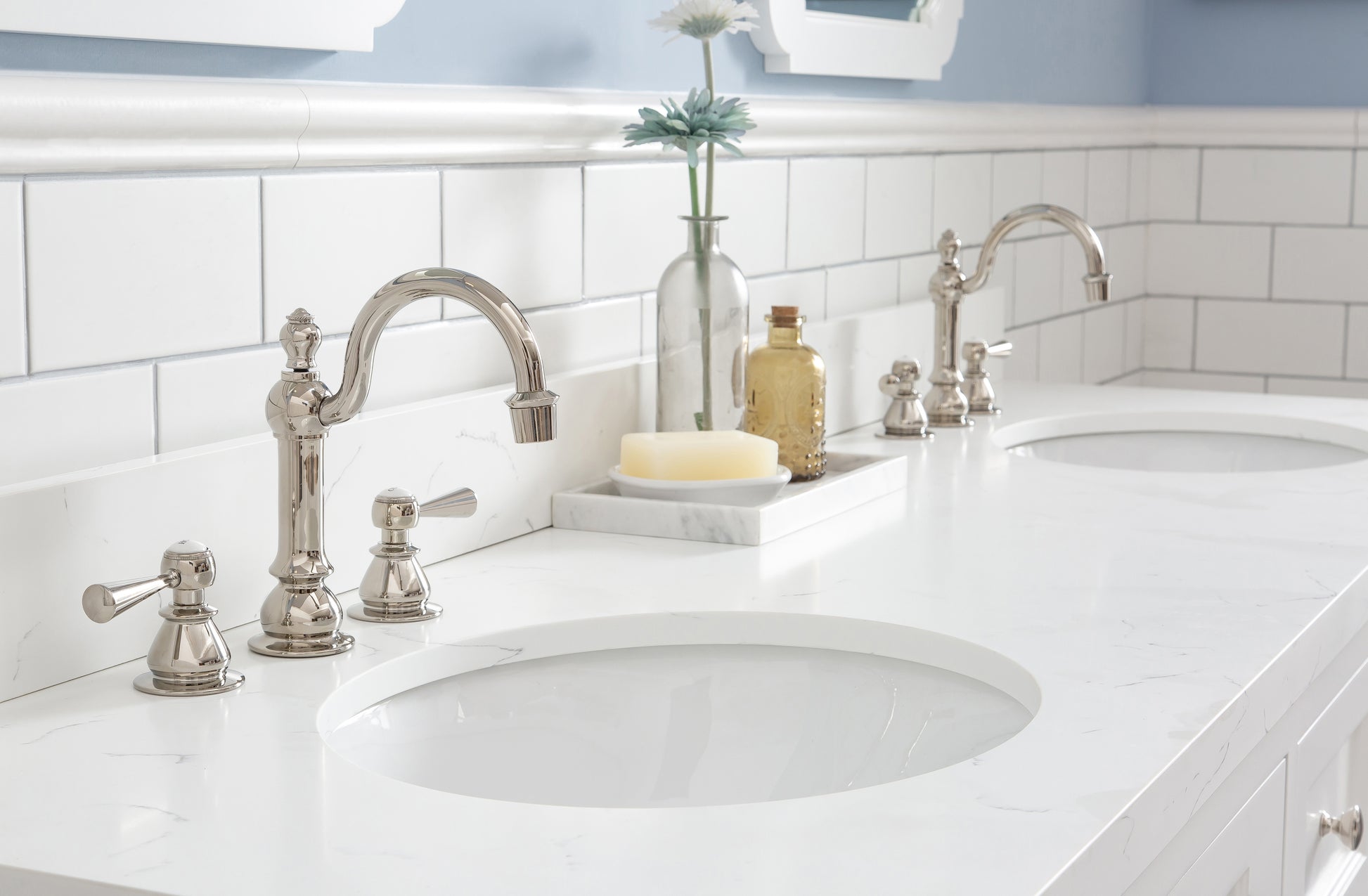 QUEEN 72"W x 34"H Pure White Double-Sink Vanity with Carrara Quartz Countertop + Faucets (F2-0012)