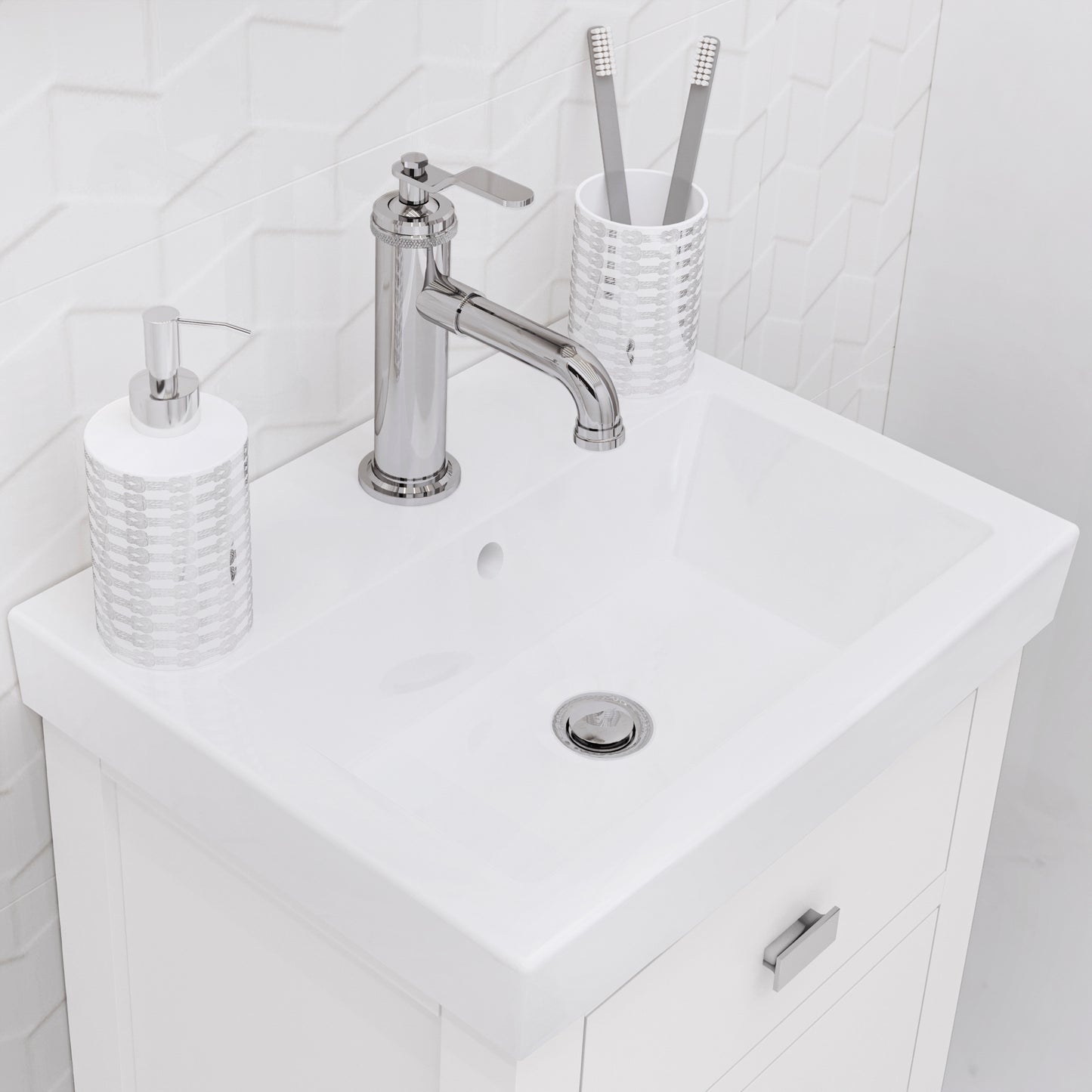 VERA 17.3"W x 34.4"H Pure White Integrated Ceramic Sink Vanity + Modern Single Faucet