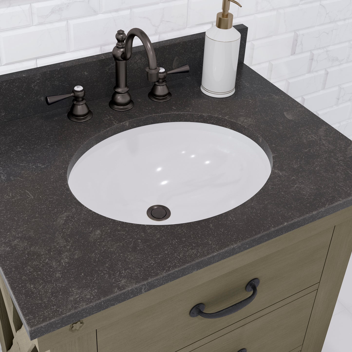 ABERDEEN 30"W x 34"H Grizzle Gray Single-Sink Vanity with Blue Limestone Countertop + Hook Faucet and Mirror