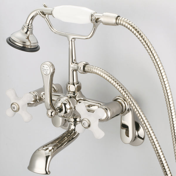 Vintage Classic Adjustable Center Wall Mount Tub Faucet With Swivel Wall Connector & Handheld Shower in Polished Nickel Finish, With Porcelain Cross Handles, Hot And Cold Labels Included