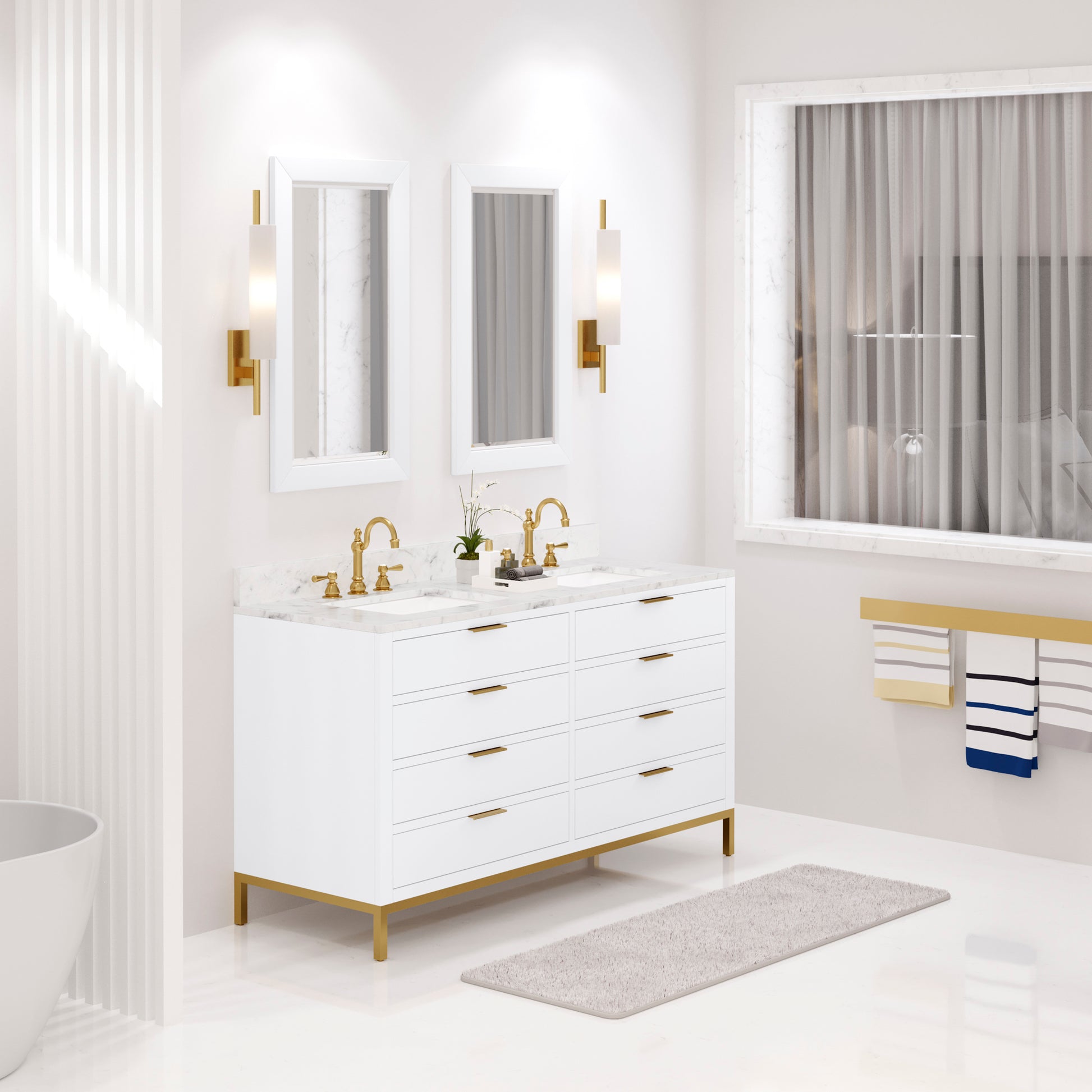 BRISTOL 60"W x 34"H Pure White Double-Sink Vanity with Carrara White Marble Countertop + Rectangular Mirrors (S)