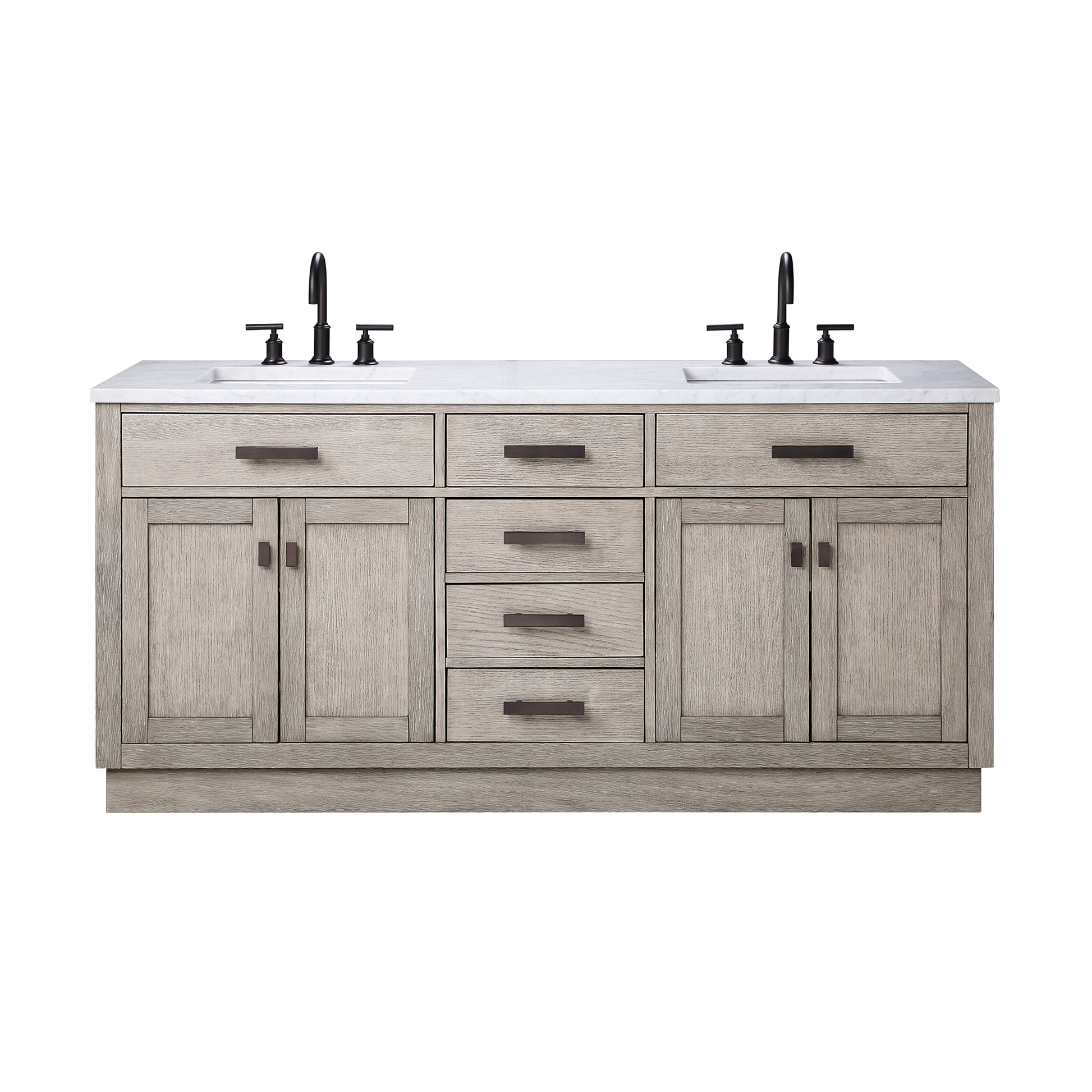 CHESTNUT 72"W x 34.2"H Gray Oak Double-Sink Vanity with Carrara White Marble Countertop + Faucets