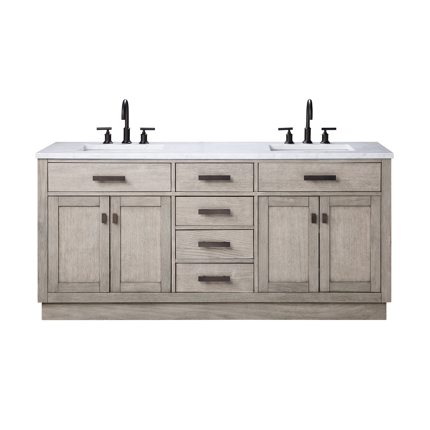 CHESTNUT 72"W x 34.2"H Gray Oak Double-Sink Vanity with Carrara White Marble Countertop + Faucets