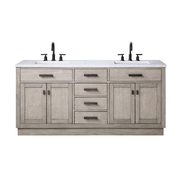 CHESTNUT 72W x 34.2H Gray Oak Double-Sink Vanity with Carrara White Marble Countertop + Faucets