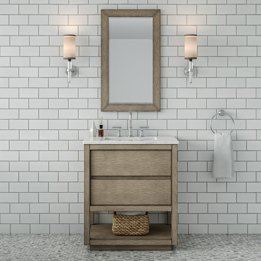 OAKMAN 30"W x 34.3"H Gray Oak Single-Sink Vanity with Carrara White Marble Countertop + Chrome Faucet and Rectangular Mirror