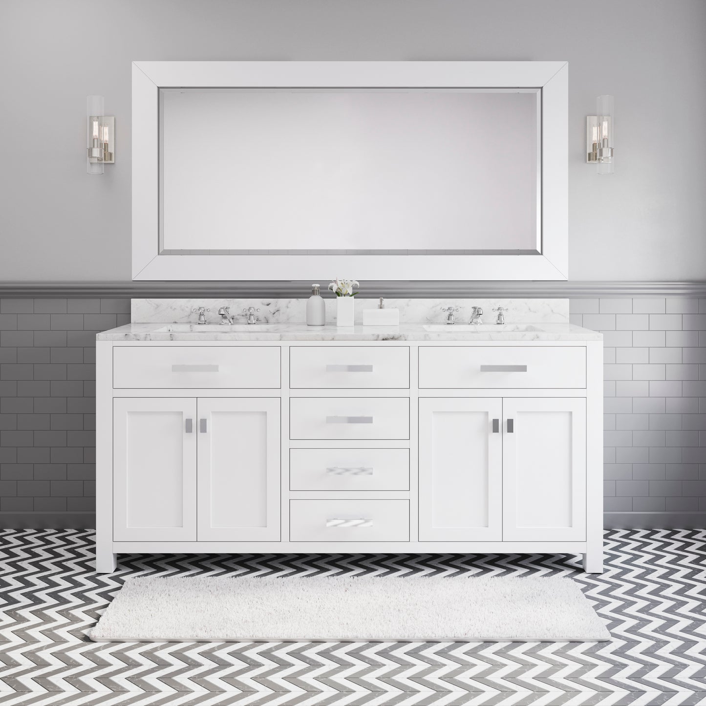 MADISON 72"W x 34"H Pure White Double-Sink Vanity + Faucets & Mirror