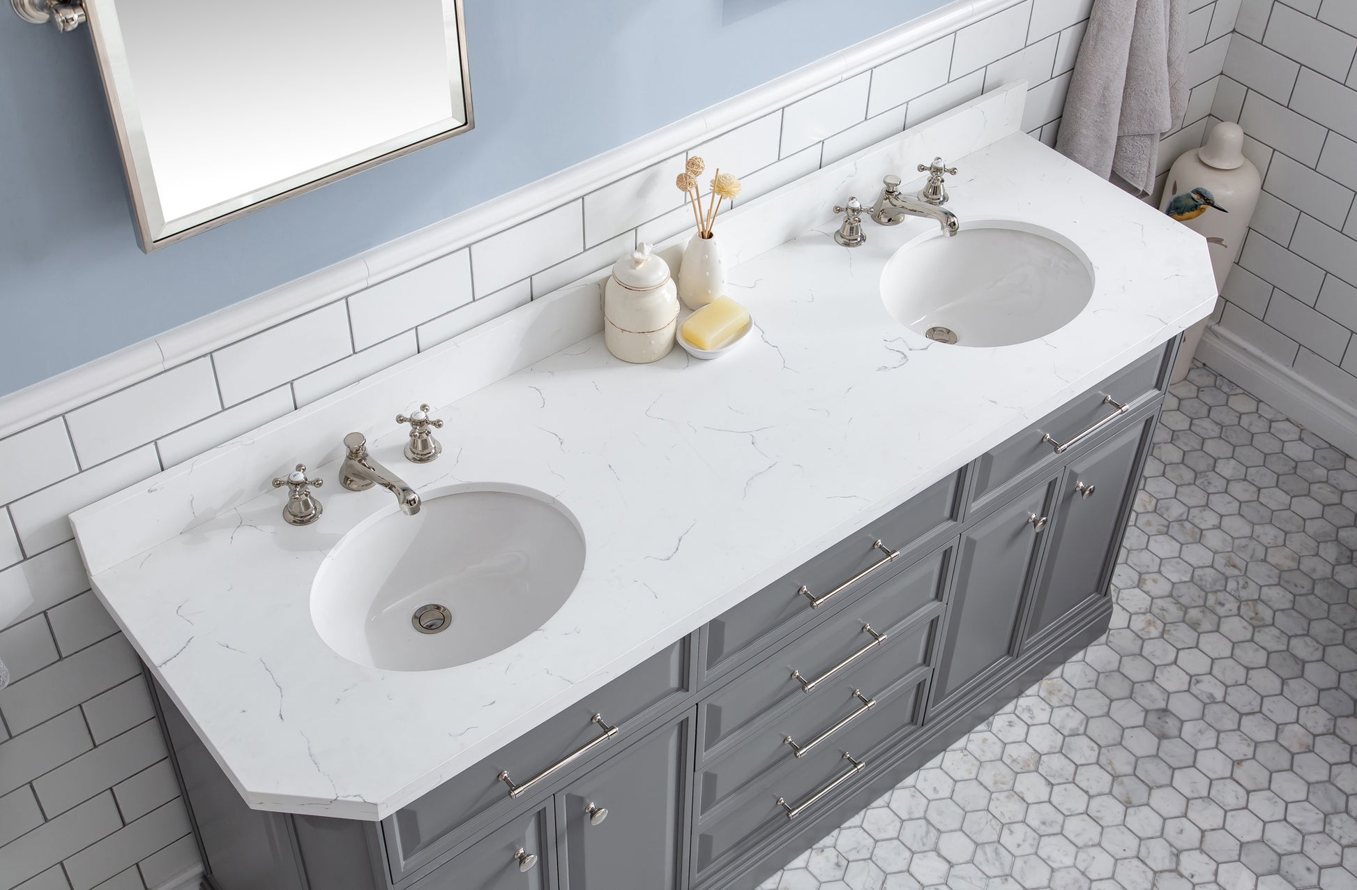 PALACE 72"W x 34"H Cashmere Gray Vanity with Carrara Quartz Countertop + Faucets & Mirror (F2-0009), Polished Nickel Finish Hardware & Mirror