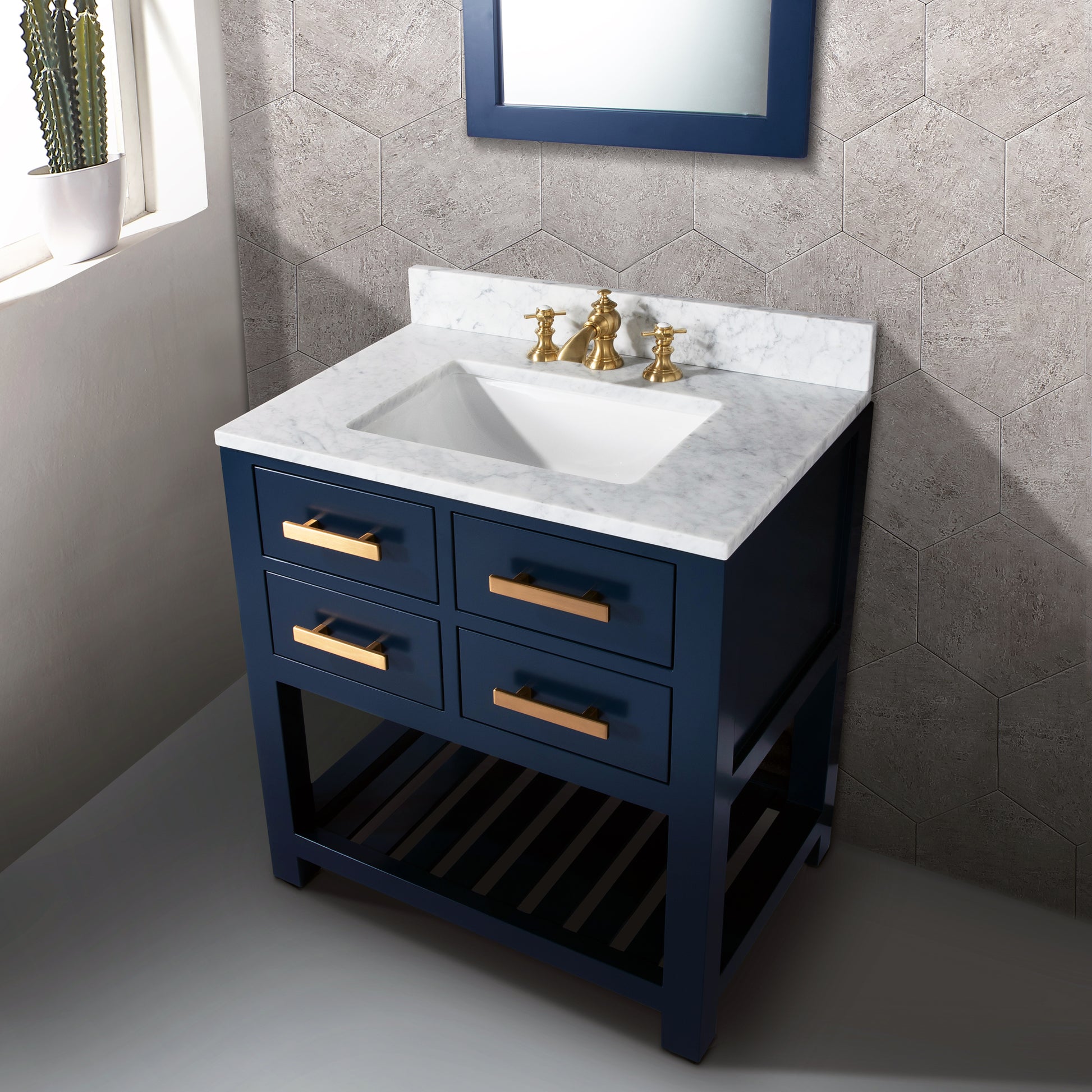 MADALYN 30"W x 34"H Monarch Blue Single-Sink Vanity with Carrara White Marble Countertop + Faucets & Mirror (F2-0013)