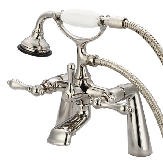 Vintage Classic 7" Spread Deck Mount Tub Faucet With Handheld Shower in Polished Nickel Finish, With Metal Lever Handles Without Labels