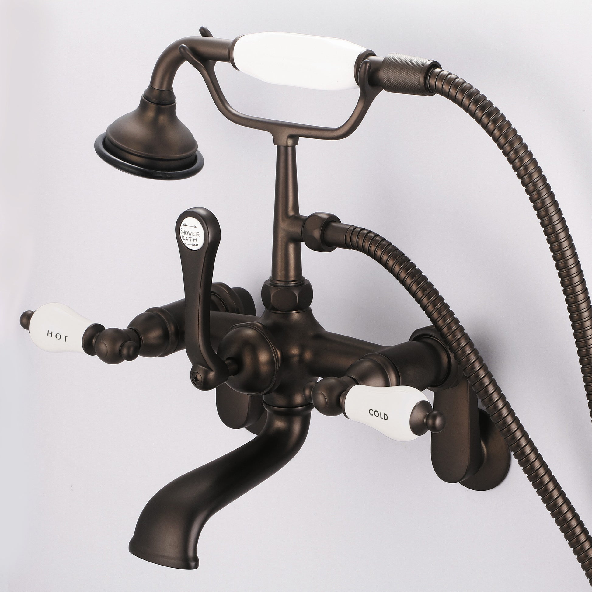 Vintage Classic Adjustable Center Wall Mount Tub Faucet With Swivel Wall Connector & Handheld Shower in Oil Rubbed Bronze Finish, With Porcelain Lever Handles, Hot And Cold Labels Included