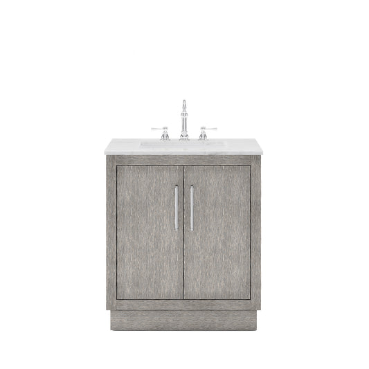 HUGO 30"W x 34.3"H Gray Oak Single-Sink Vanity with Carrara White Marble Countertop + Hook Faucet