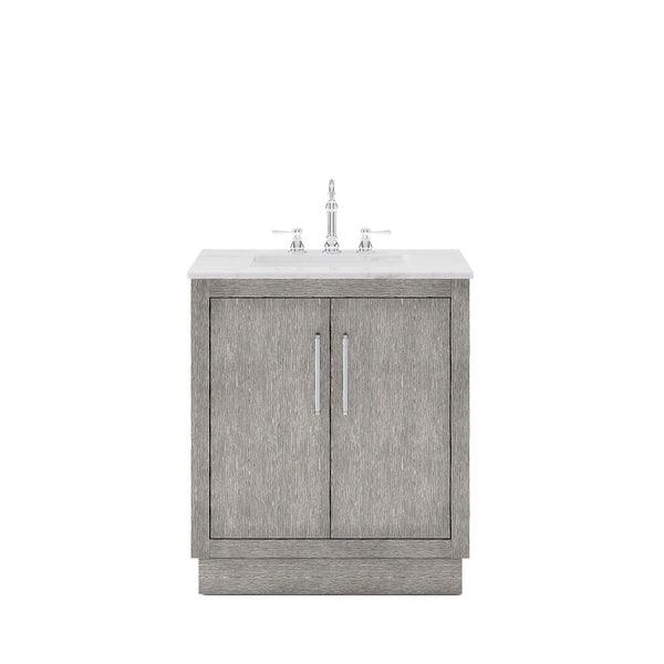 HUGO 30W x 34.3H Gray Oak Single-Sink Vanity with Carrara White Marble Countertop + Hook Faucet