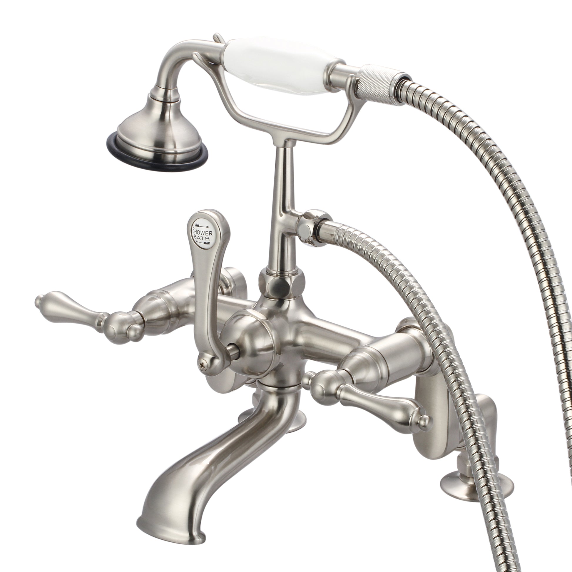 Vintage Classic Adjustable Center Deck Mount Tub Faucet With Handheld Shower in Brushed Nickel Finish, With Metal Lever Handles Without Labels