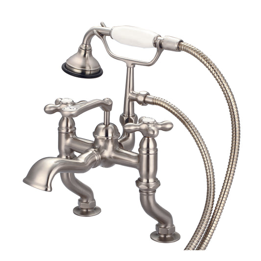 Vintage Classic Adjustable Center Deck Mount Tub Faucet With Handheld Shower in Brushed Nickel Finish, With Metal Lever Handles, Hot And Cold Labels Included