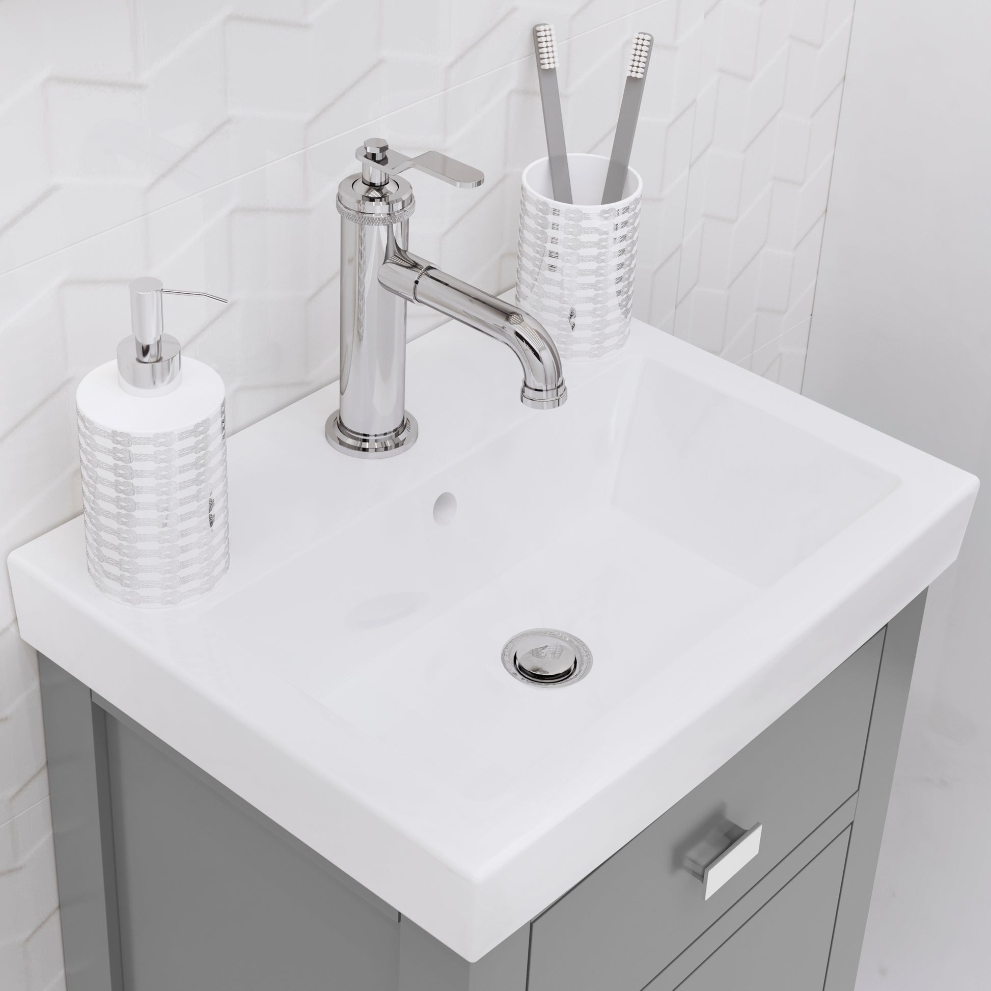 VERA 17.3"W x 34.4"H Cashmere Gray Integrated Ceramic Sink Vanity + Modern Single Faucet