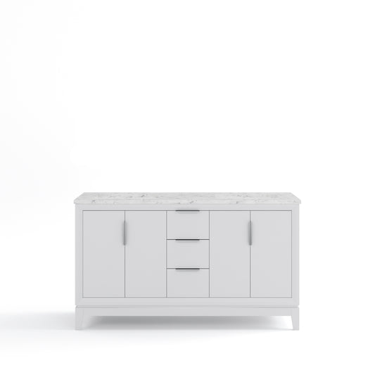 ELIZABETH 60"W x 34.25"H Pure White Double-Sink Vanity with Carrara White Marble Countertop