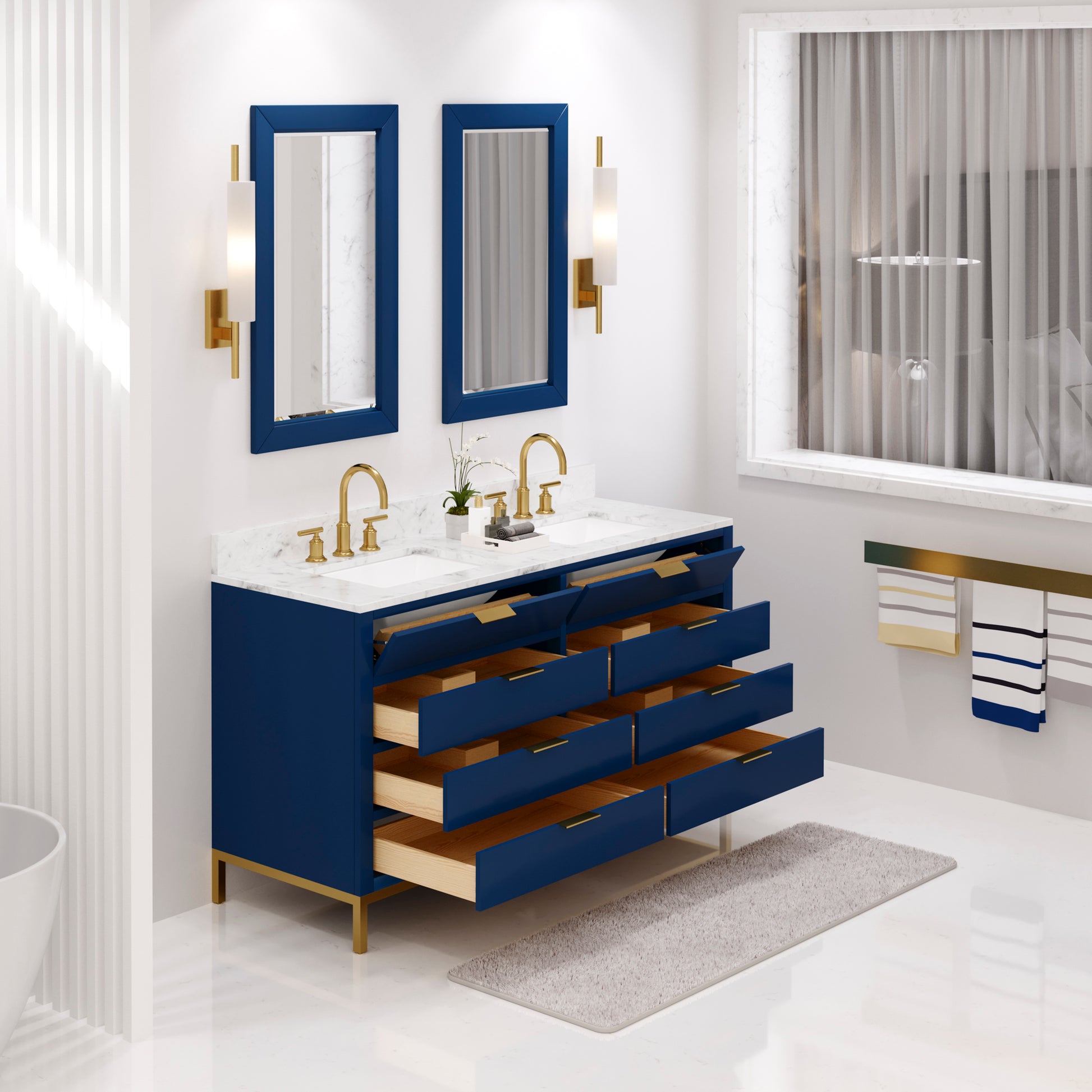 BRISTOL 60"W x 34"H Monarch Blue Double-Sink Vanity with Carrara White Marble Countertop + Satin Gold Gooseneck Faucets