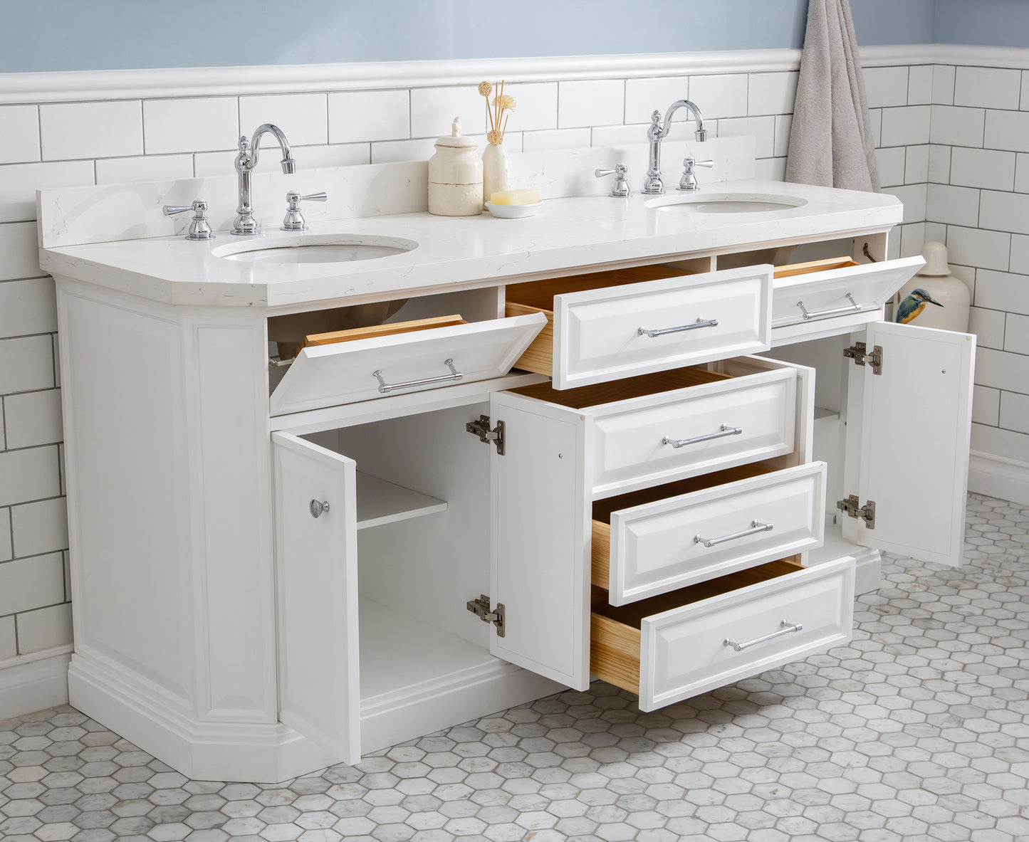 PALACE 72"W x 34"H Pure White Vanity with Carrara Quartz Countertop + Faucets & Mirror (F2-0012), Chrome Finish Hardware & Mirror