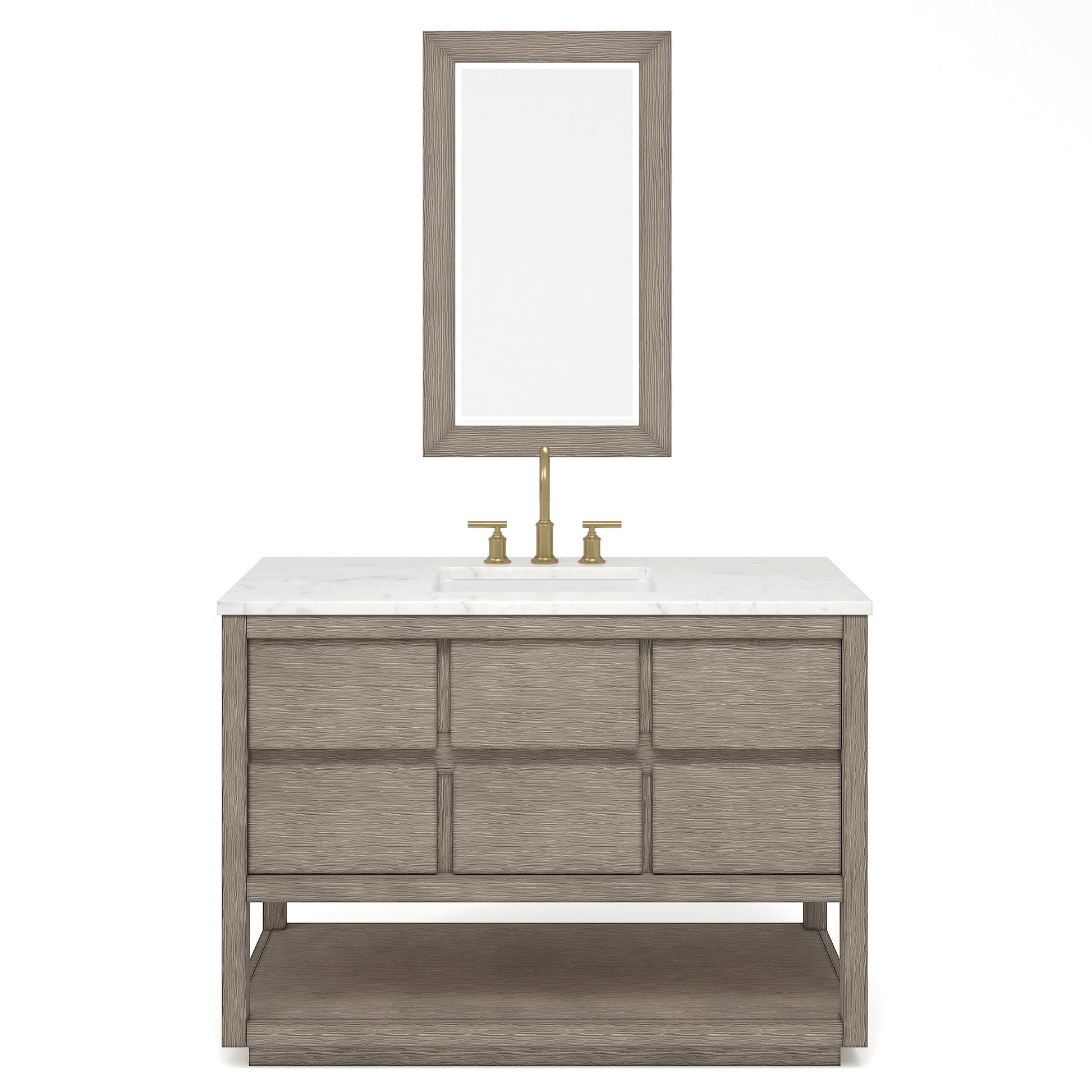 OAKMAN 72"W x 34.3"H Gray Oak Single-Sink Vanity with Carrara White Marble Countertop + Gold Faucets and Rectangular Mirrors