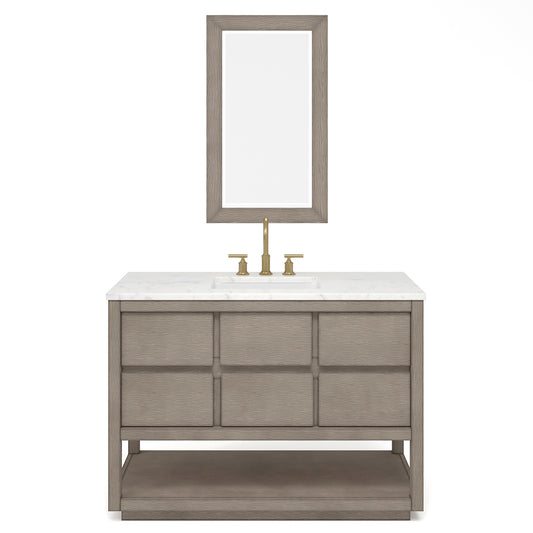 OAKMAN 72"W x 34.3"H Gray Oak Single-Sink Vanity with Carrara White Marble Countertop + Gold Faucets and Rectangular Mirrors