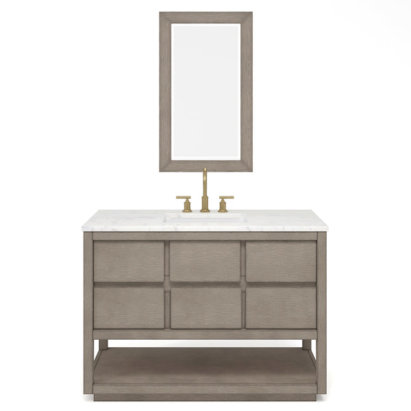 OAKMAN 72W x 34.3H Gray Oak Single-Sink Vanity with Carrara White Marble Countertop + Gold Faucets and Rectangular Mirrors