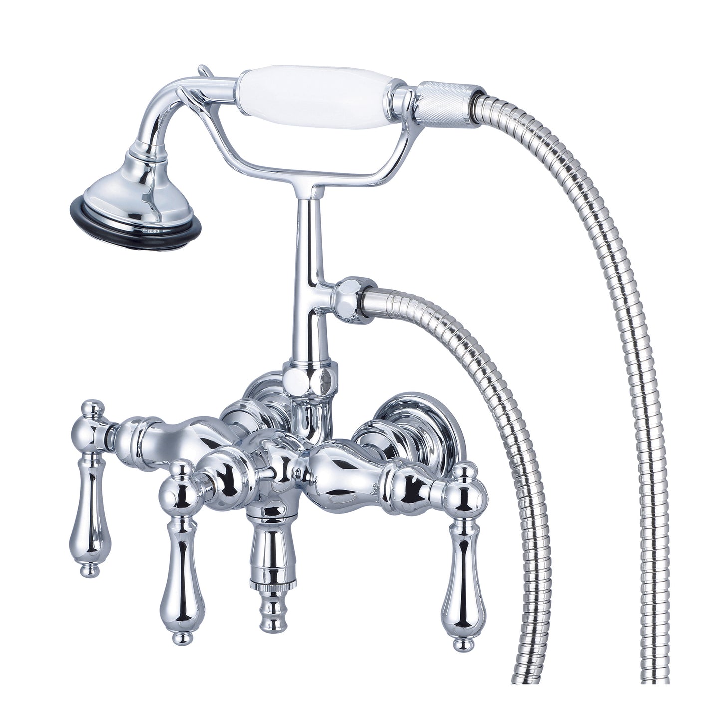 Vintage Classic 3.375" Center Wall Mount Tub Faucet With Down Spout, Straight Wall Connector & Handheld Shower in Chrome Finish, With Metal Lever Handles Without Labels