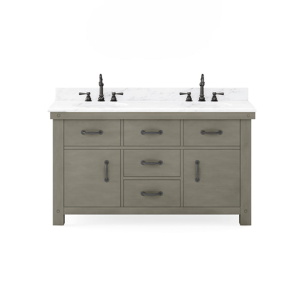 ABERDEEN 60W x 34H Grizzle Grey Double-Sink Vanity with Carrara White Marble Countertop