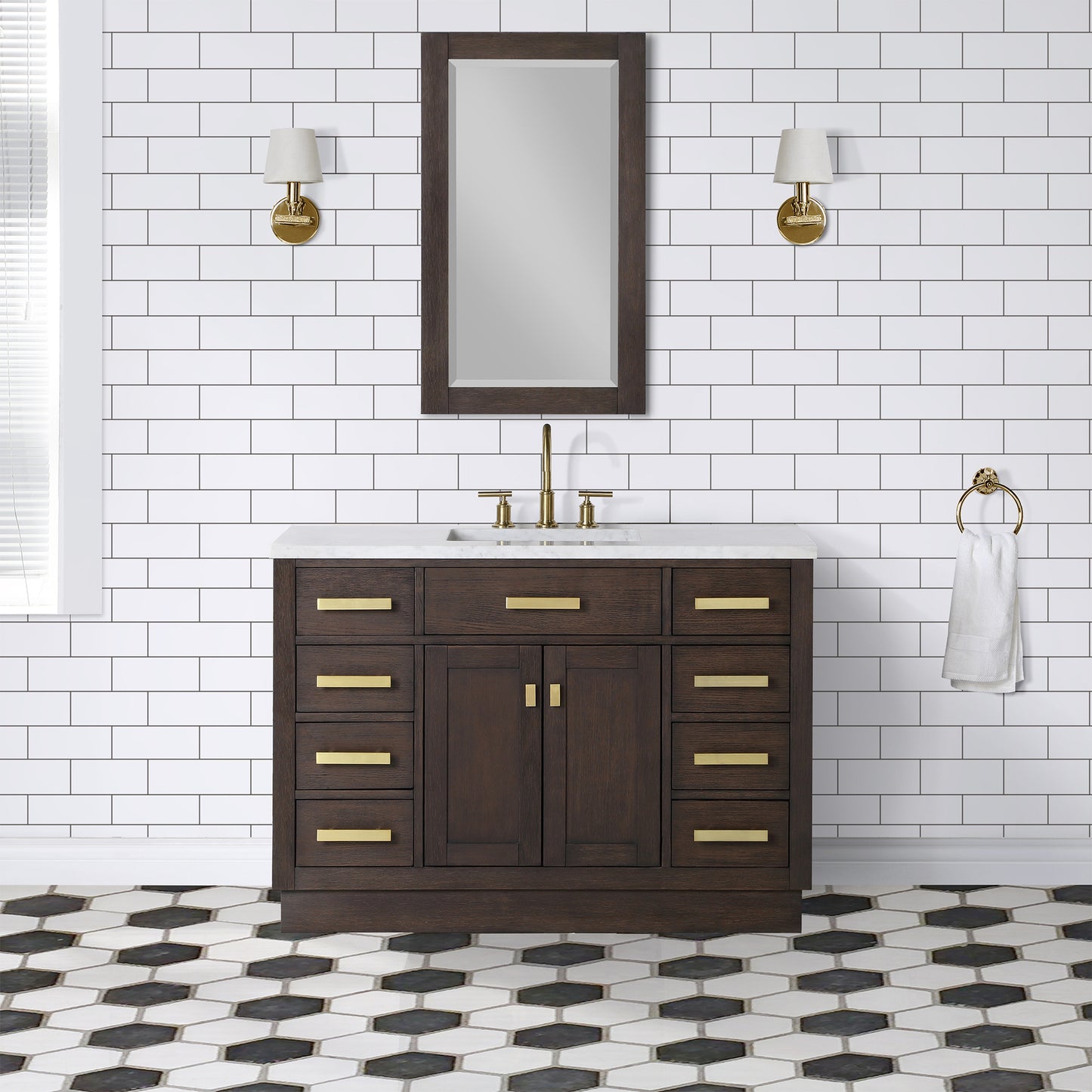 CHESTNUT 48"W x 34.2"H Brown Oak Single-Sink Vanity with Carrara White Marble Countertop + Mirror