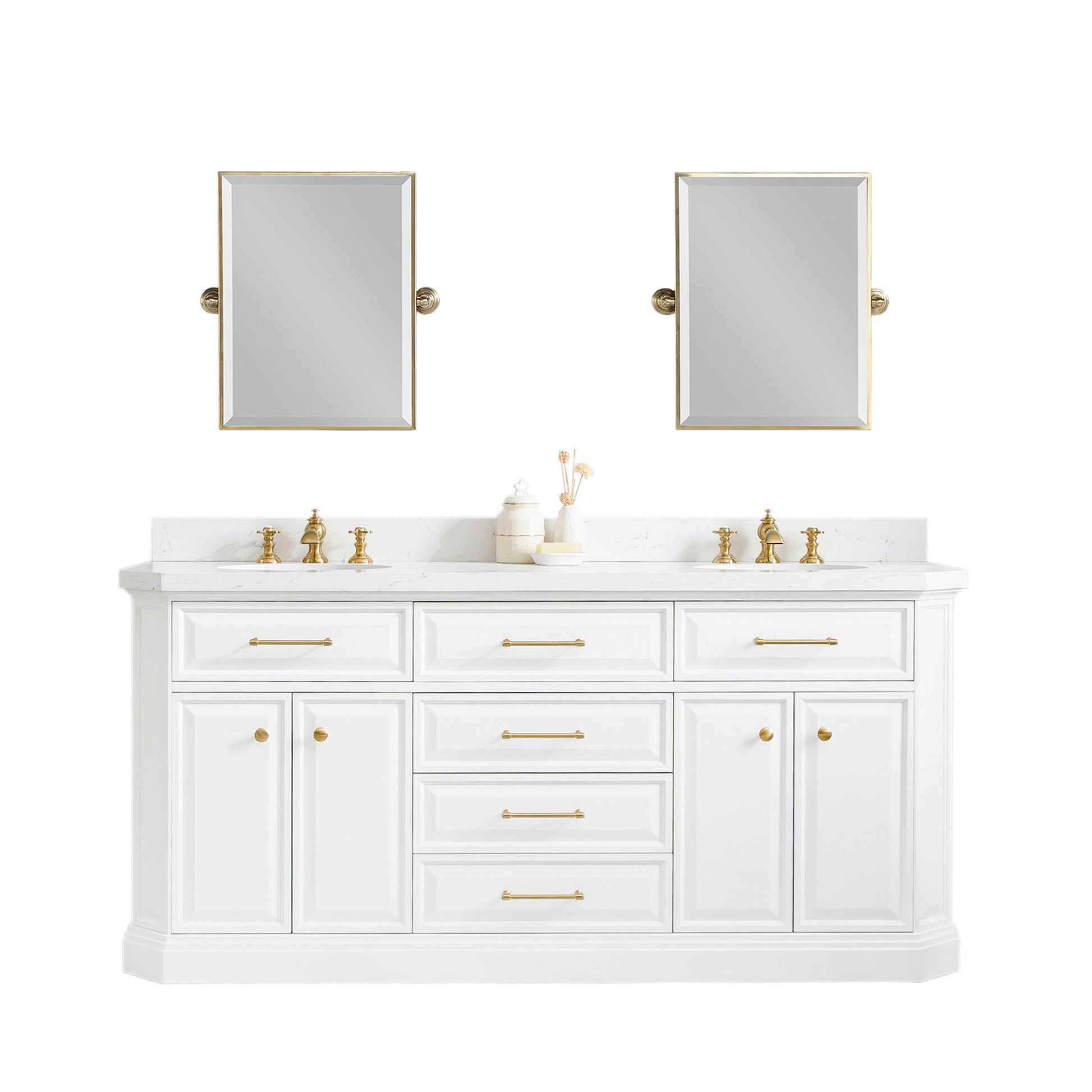 PALACE 72"W x 34"H Pure White Vanity with Carrara Quartz Countertop + Faucets & Mirrors (F2-0013), Satin Gold Finish Hardware & Chrome Finish Mirror (B)