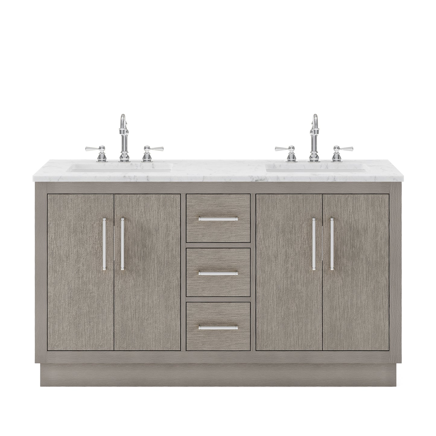 HUGO 60"W x 34.3"H Gray Oak Double-Sink Vanity with Carrara White Marble Countertop + Hook Faucets